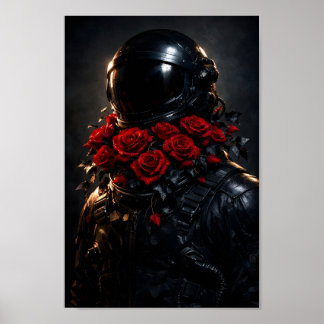 Astronaut Black Suit Red Roses Floral Space Art Poster