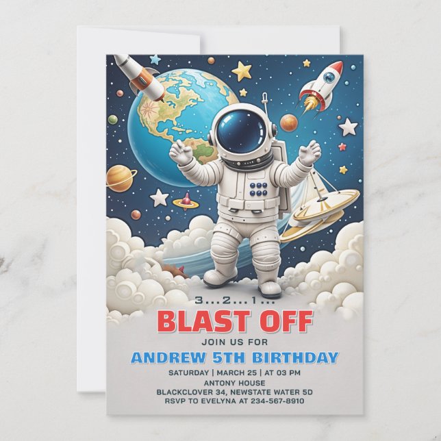 Astronaut Blast off Galaxy Birthday Party Invitation (Front)