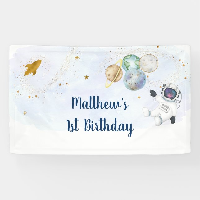Astronaut Blue Gold Outer Space Birthday Banner (Horizontal)