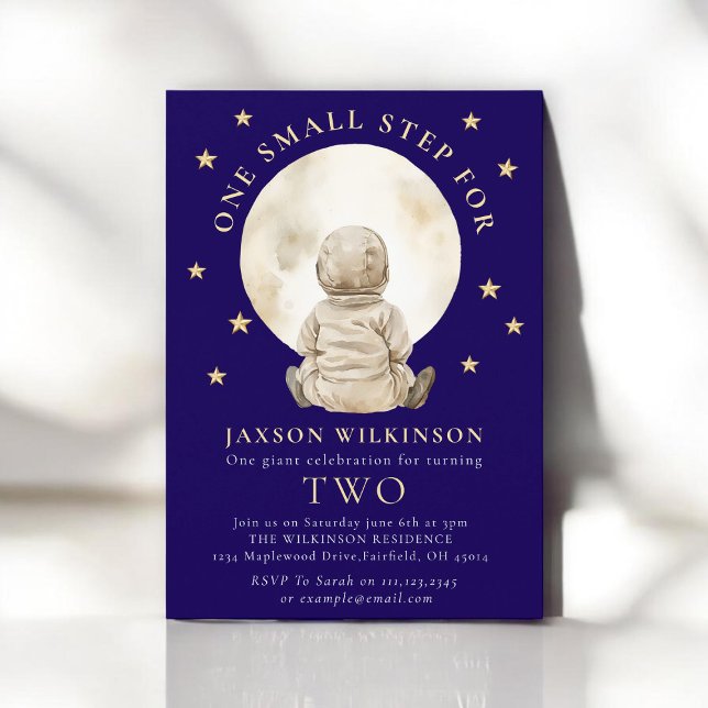 Astronaut Boy Moon Star Watercolor Second Birthday Invitation (Creator Uploaded)