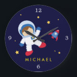 Astronaut Boy Space Themed Large Clock<br><div class="desc">Personalise this beautiful clock with your little one's name,  monogram,  or any text of your choice.</div>