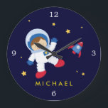 Astronaut Boy Space Themed Large Clock<br><div class="desc">Personalise this beautiful clock with your little one's name,  monogram,  or any text of your choice.</div>
