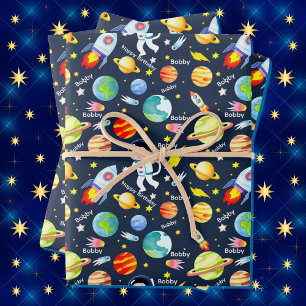 Astronaut Boy's Personalise Name Spaceship Wrapping Paper Sheet