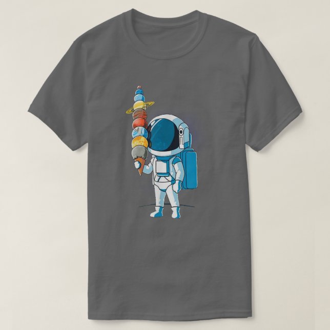 Astronaut By Ice Cream in Space Holding Planet Bal T-Shirt (Design Front)