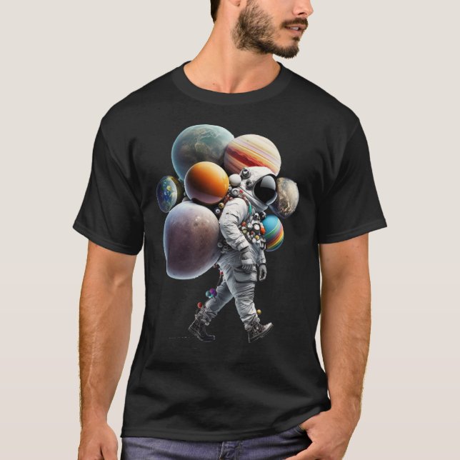 Astronaut carrying Planets and Moons in Space  1 T-Shirt (Front)
