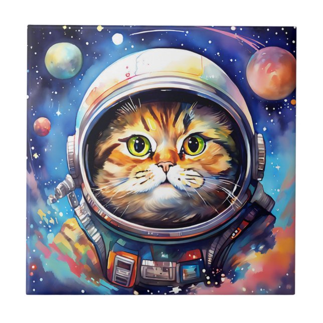 Astronaut Cat Adventures in Watercolor Tile (Front)