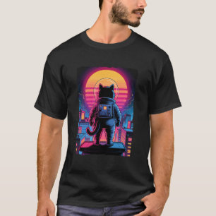 Astronaut Cat City Sunset Retro Skyline Synthwave  T-Shirt