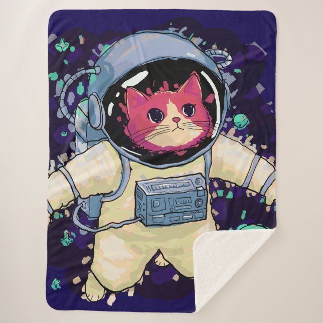 Astronaut Cat colourful Sherpa Blanket (Front)