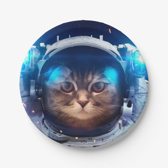 Astronaut cat floats above Earth Paper Plate (Front)