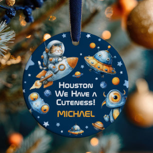 Astronaut Cat Funny Outer Space Baby Name& Photo  Ceramic Tree Decoration