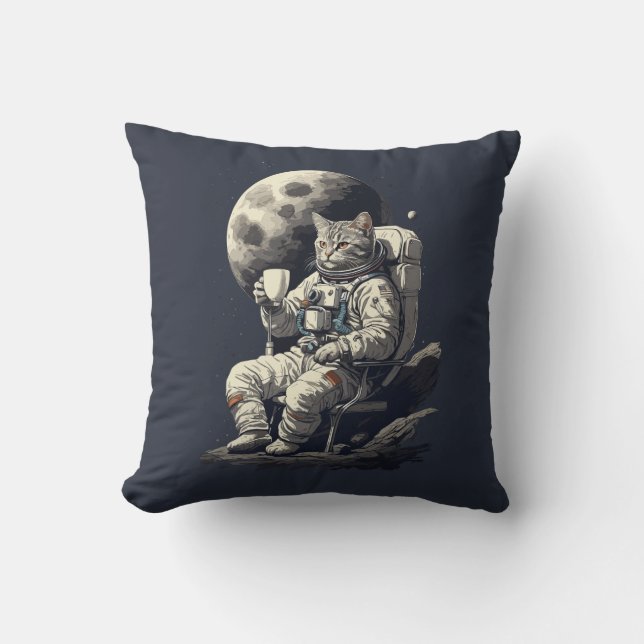 Astronaut Cat Having Cup of Coffee Cushion (Front)