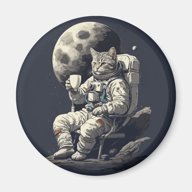 Astronaut Cat Having Cup of Coffee Magnet (Front)