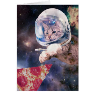 Astronaut cat hunting a pizza slice