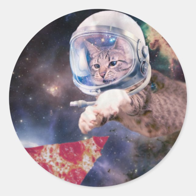 Astronaut cat hunting a pizza slice classic round sticker (Front)