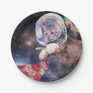 Astronaut cat hunting a pizza slice paper plate