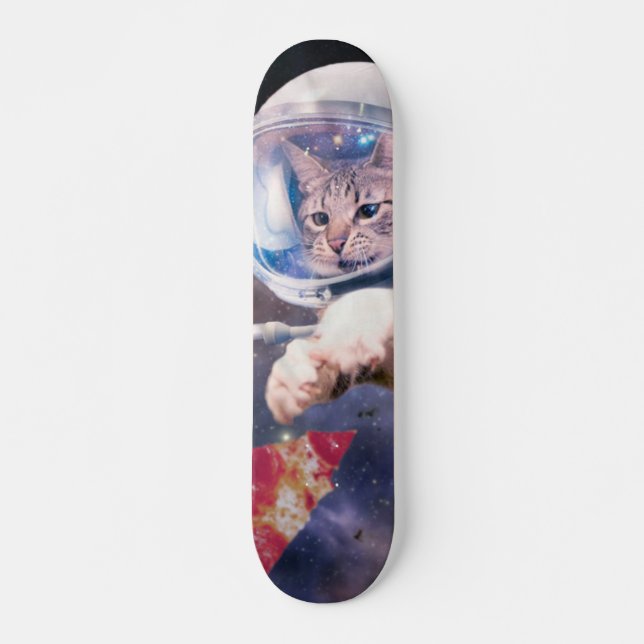 Astronaut cat hunting a pizza slice skateboard (Front)