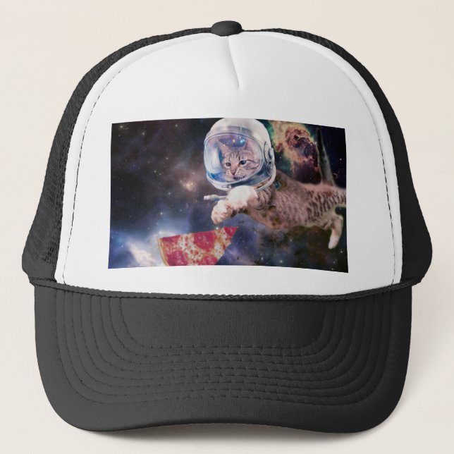 Astronaut cat hunting a pizza slice trucker hat (Front)