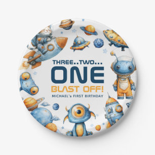 Astronaut Cat Outer Space Blast Off 1st Birthday Paper Plate