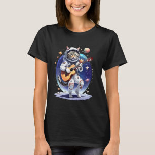 Astronaut Cat Playing Guitar in Space Planets Cat  T-Shirt