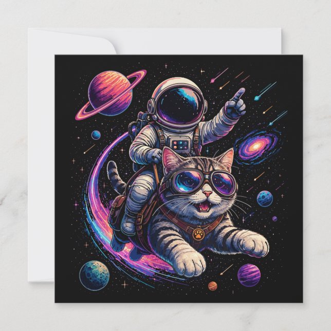 Astronaut cat riding through space invitation (Front)