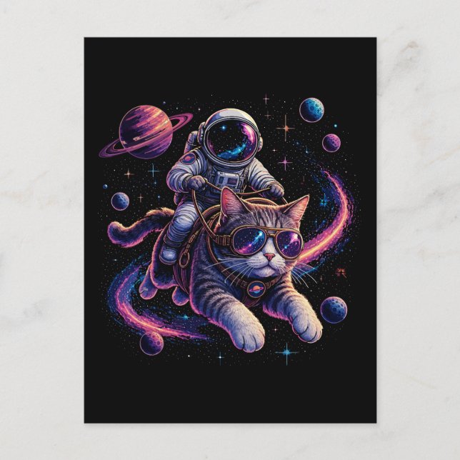 Astronaut cat riding through space postcard (Front)