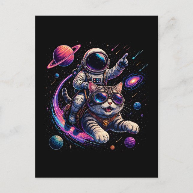 Astronaut cat riding through space postcard (Front)