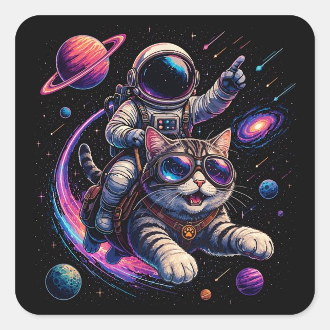 Astronaut cat riding through space square sticker (Front)