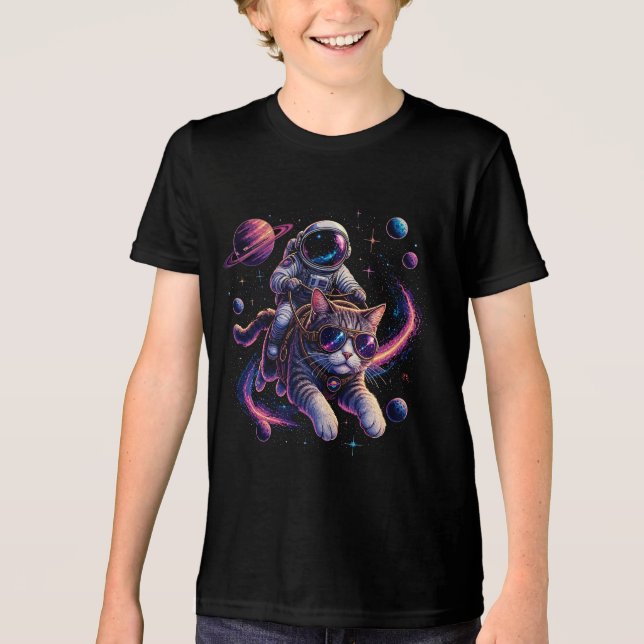 Astronaut cat riding through space Tri-Blend shirt (Front)