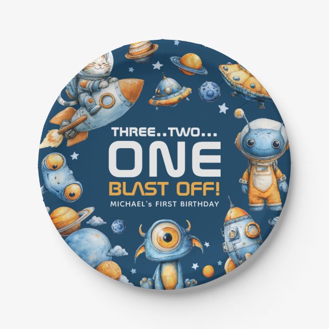 Astronaut Cat Space Rocket Blast Off 1st Birthday  Paper Plate (Front)