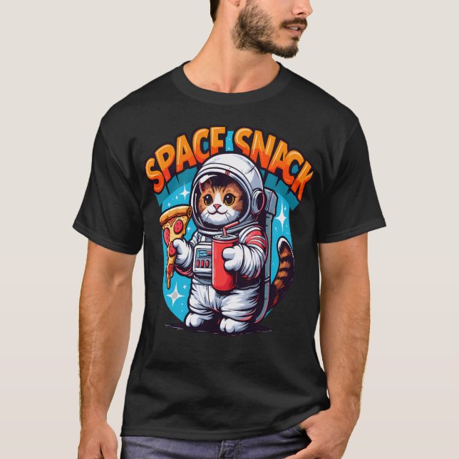Astronaut Cat Space Snack Funny Pizza T-Shirt (Front)