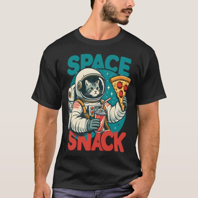 Astronaut Cat Space Snack Funny Pizza T-Shirt (Front)
