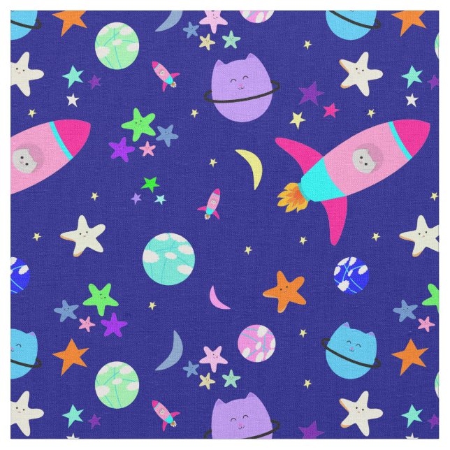 astronaut cat spaceship galaxy fabric (Close Up)