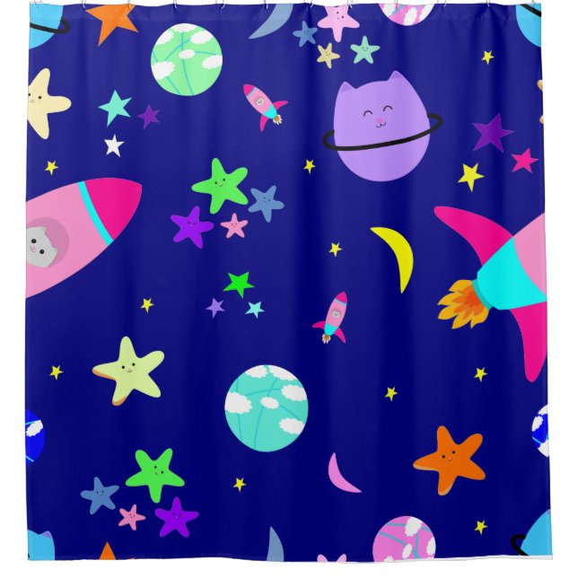astronaut cat spaceship galaxy shower curtain (Front)