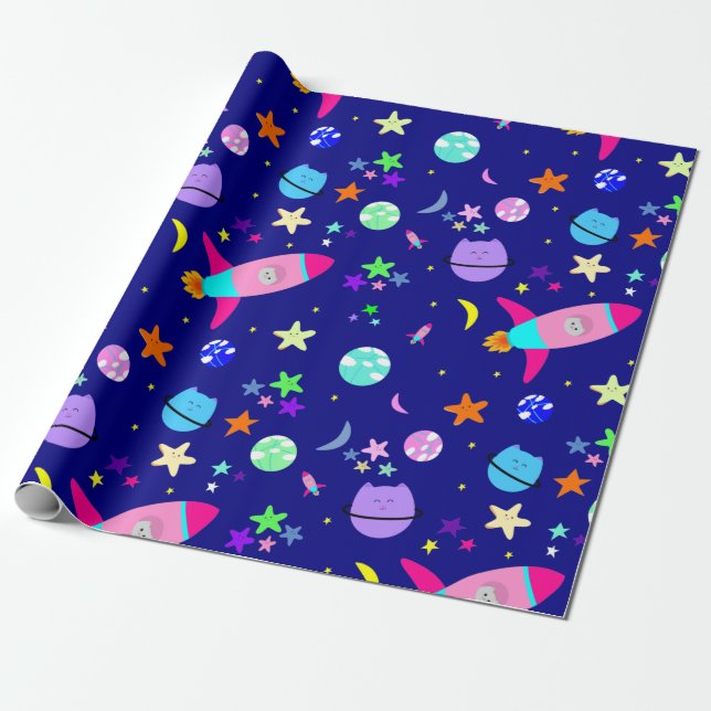 astronaut cat spaceship galaxy wrapping paper (Unrolled)