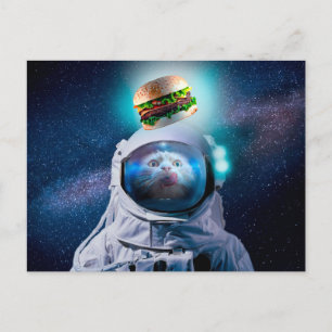 Astronaut cat wishing a hamburger postcard