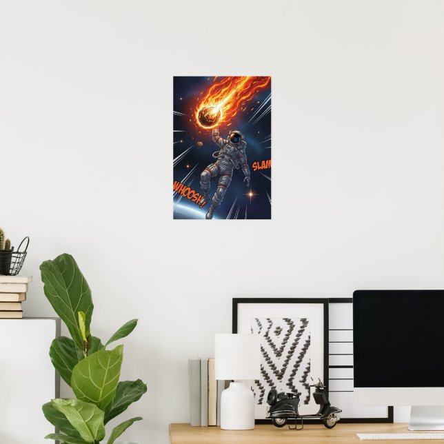 Astronaut Catches Meteor in Space Dreamy Cosmic Poster (Home Office)