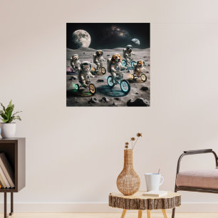 astronaut cats and dogs on moon poster