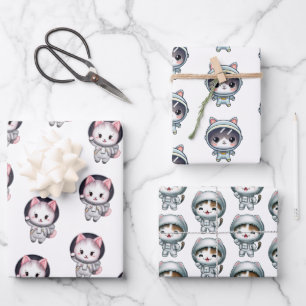 Astronaut Cats in Space With Friends Cute Wrapping Paper Sheet