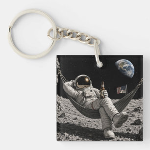 Astronaut Chilling with Beer on the Moon Key Ring