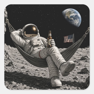 Astronaut Chilling with Beer on the Moon Square Sticker