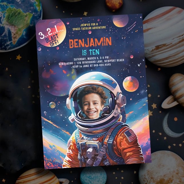 Astronaut Deep Space Sky Planets Photo Birthday Invitation (photo astronaut birthday party invitation boy deep space planets stars sky watercolor unique)