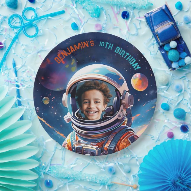 Astronaut Deep Space Sky Planets Photo Birthday Paper Plate (Party)