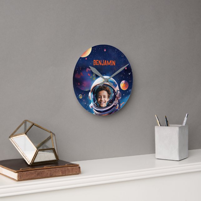 Astronaut Deep Space Sky Planets Photo Gift  Round Clock (Office)