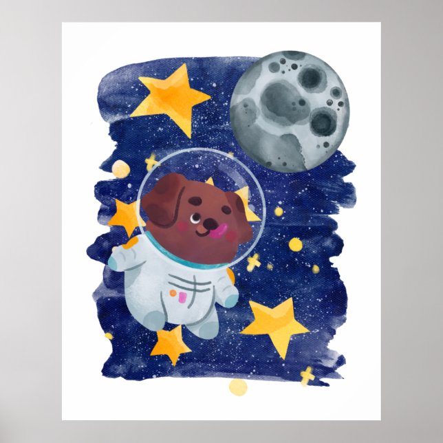 Astronaut Dog Watercolor Space Stars Planet Kids  Poster (Front)