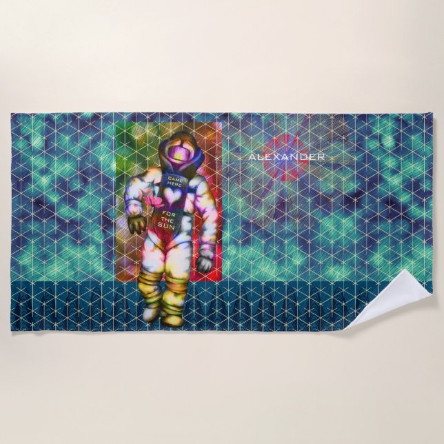 Astronaut Drawing Came Here for the Sun Cool Space Beach Towel (Front)