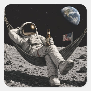 Astronaut drinking beer square sticker
