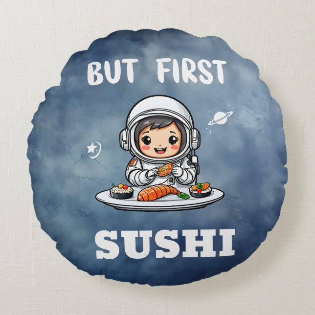 Astronaut eating Sushi Round Cushion (Front)