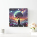 Astronaut Exploring a Vibrant Alien Cosmic Wonder Square Wall Clock<br><div class="desc">This imaginative astronaut-themed clock transports you to an alien world filled with cosmic wonder. A spaceman stands against a vibrant alien landscape with distant planets and stars in view. Blending science fiction with artistic flair, this timepiece is perfect for space lovers and dreamers who crave something futuristic, unique, and mesmerising...</div>