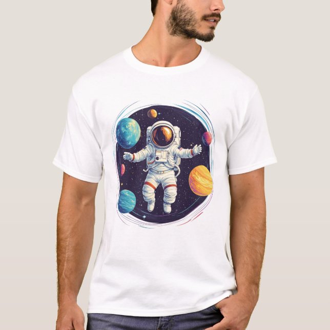 Astronaut exploring colourful solar system T-Shirt (Front)