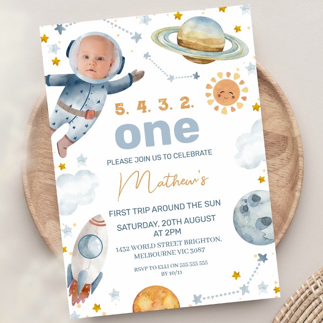 Astronaut First Trip Around The Sun 1st Birthday Invitation (Boys First Trip Around The Sun 1st Birthday Invitation Photo In Astronaut Spaceman Outer Space )